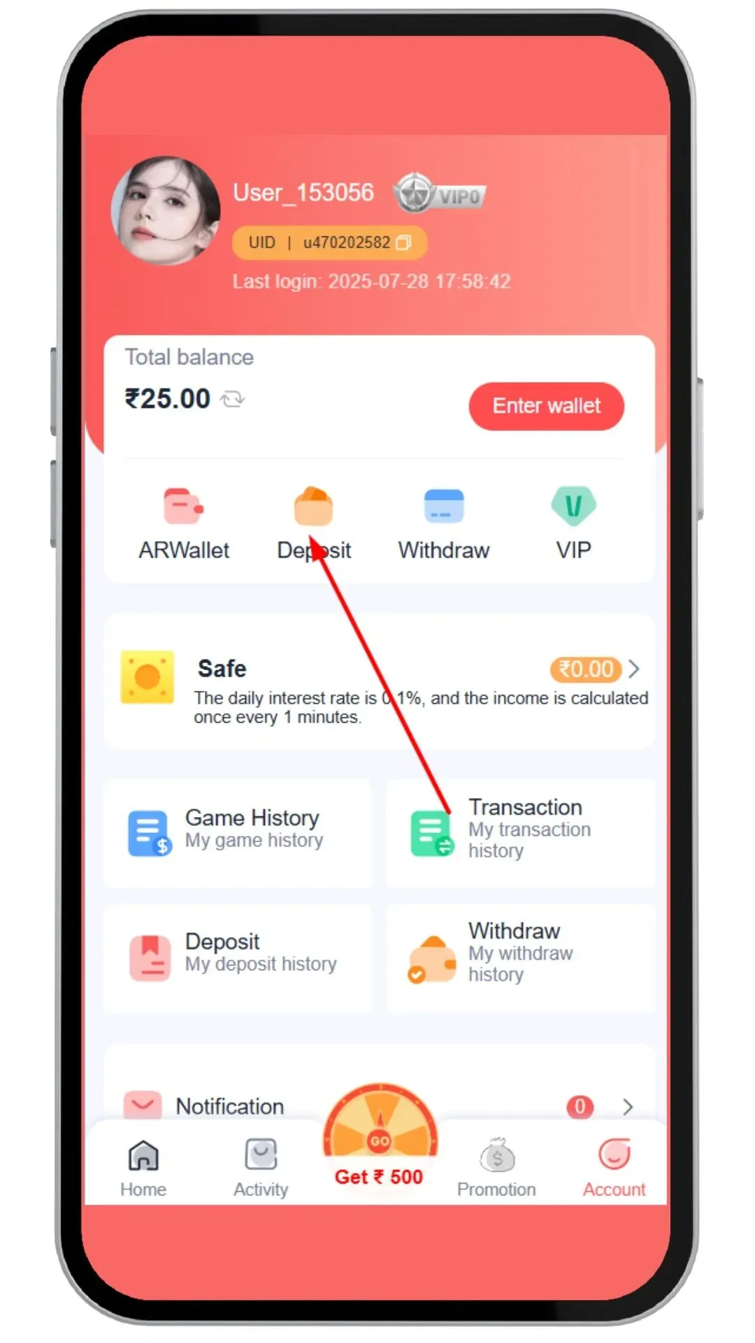 Click on deposit option